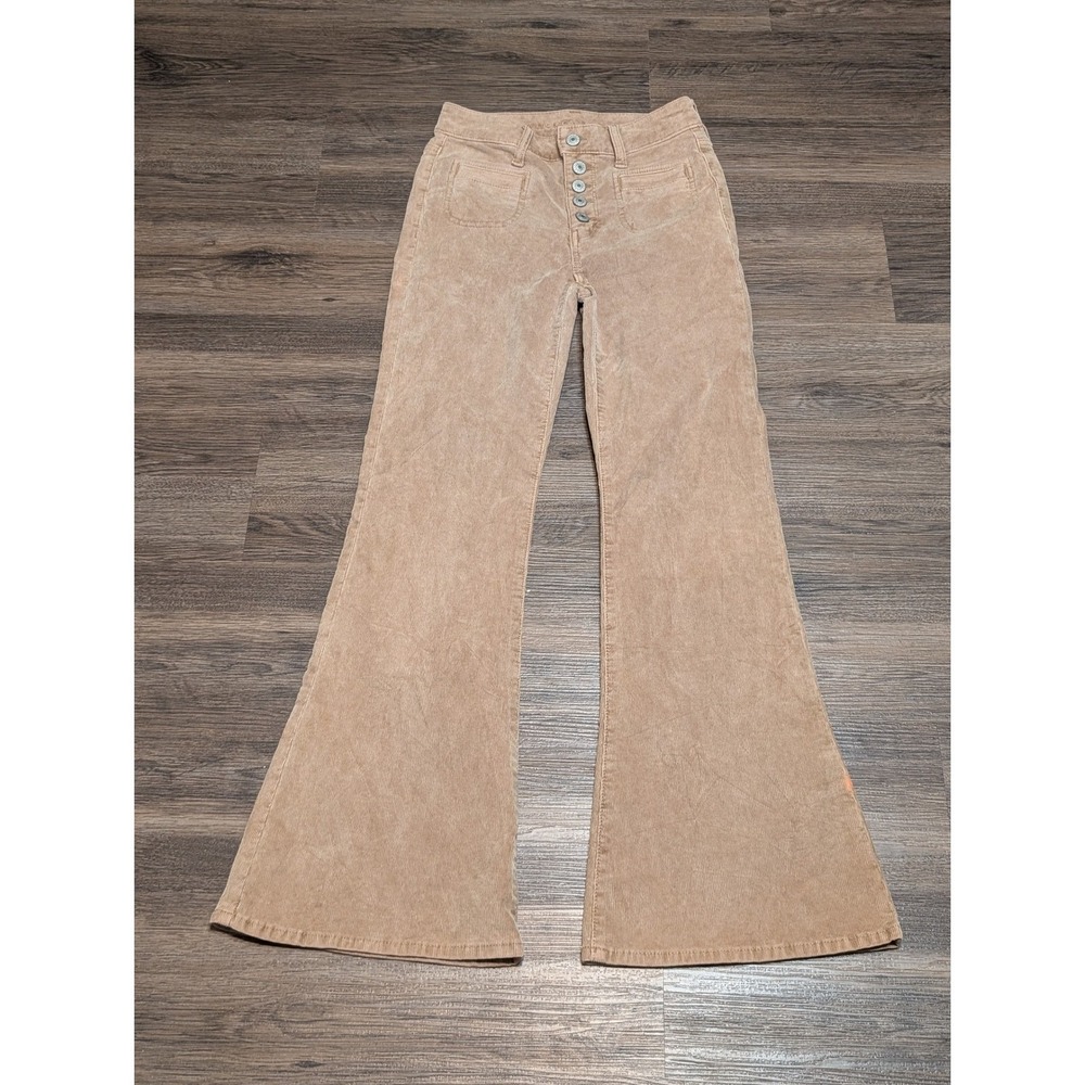 American Eagle Tan Corduroy Super High Rise Flare Pants Button Fly 00 Short READ